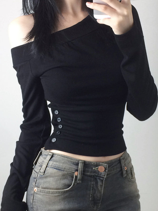 Off-Shoulder Button Long Sleeve