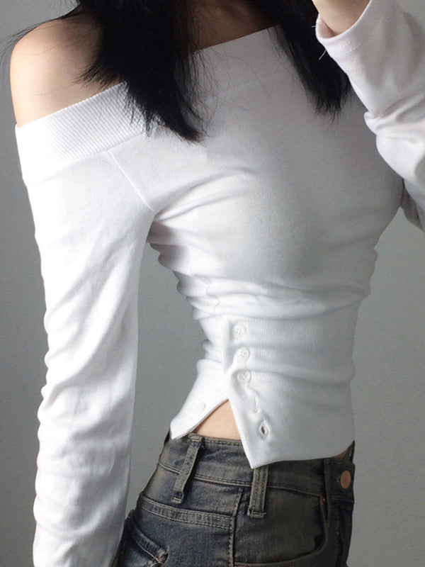 Off-Shoulder Button Long Sleeve