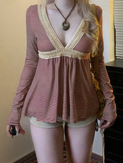 Striped Lace Patchworklong Sleeve