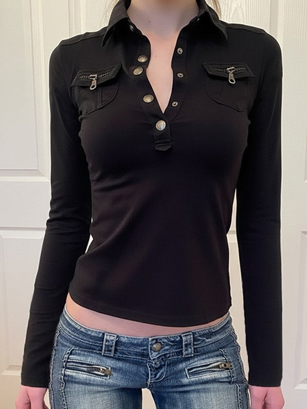 Workwear Inspired Polo Collar Long Sleeve