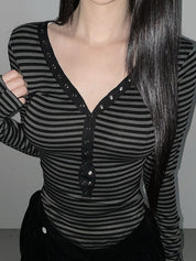 V Neck Stripes Long Sleeve