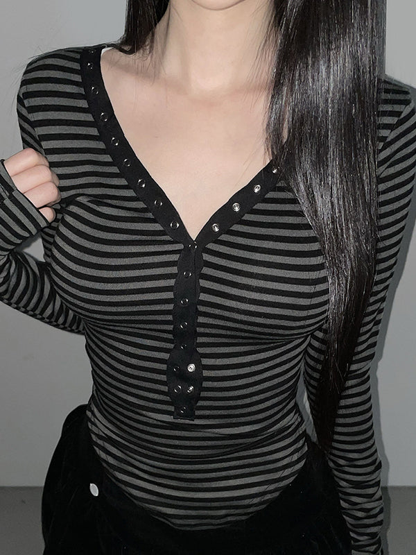 V Neck Stripes Long Sleeve
