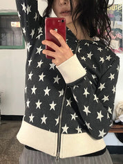Star Retro Print Zip Up Hoodie Jacket