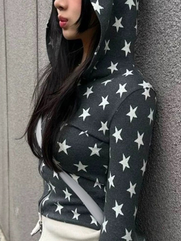 Star Retro Print Zip Up Hoodie Jacket