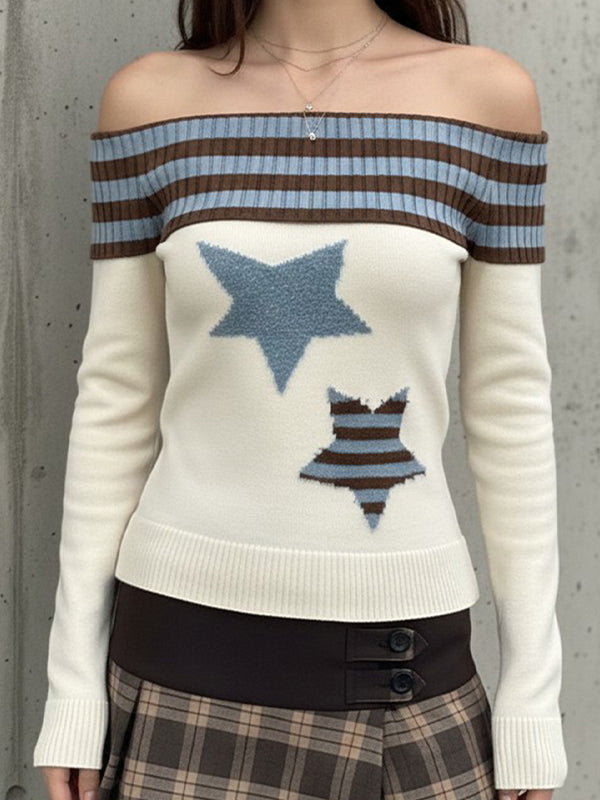 Off Shoulder Color-Block Stripe  Sweaters