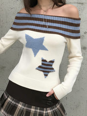 Off Shoulder Color-Block Stripe  Sweaters