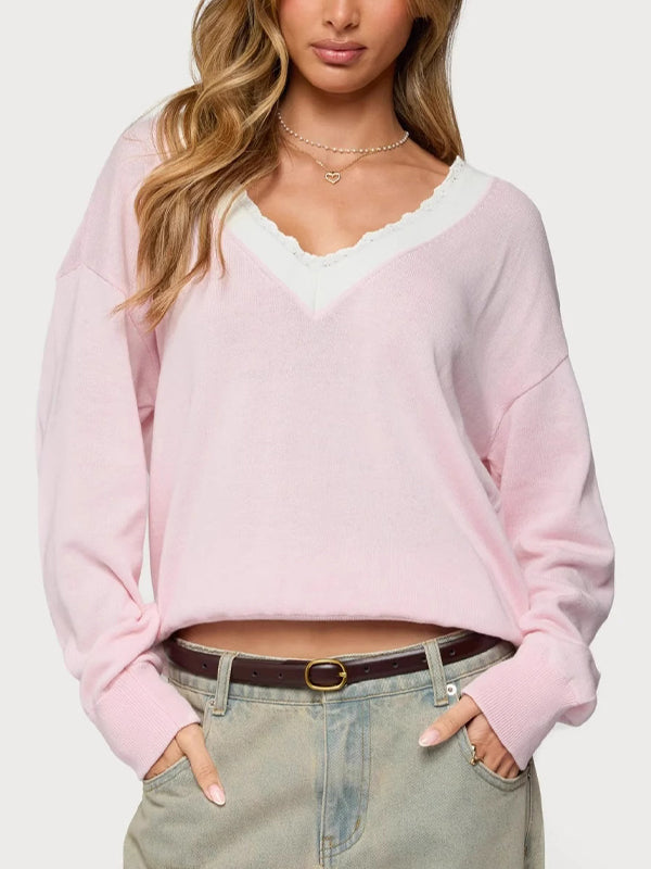 Contrast Lacey Trim Sweaters