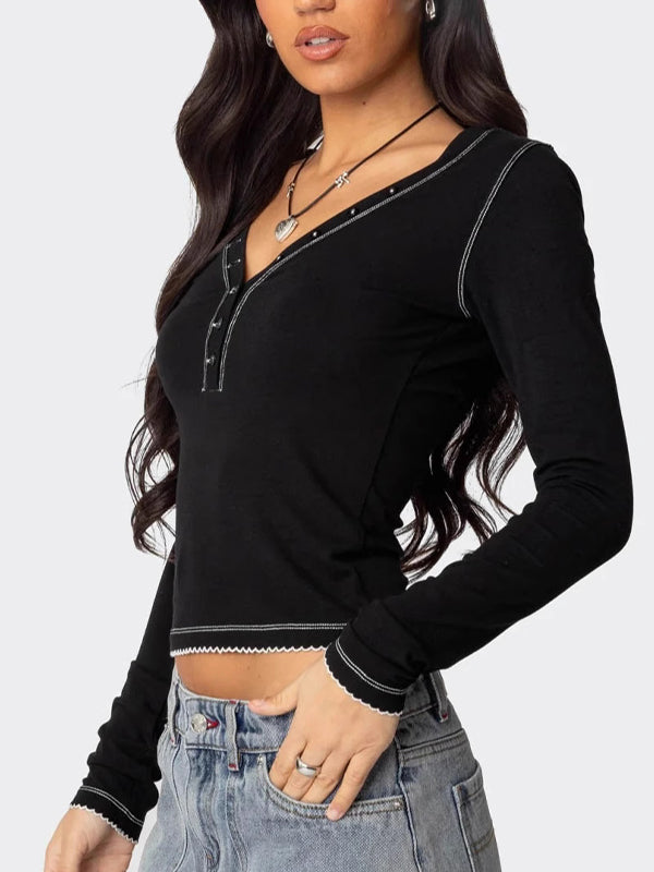 Contrasting Needlework Long Sleeve