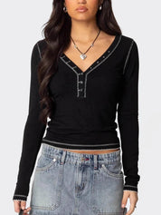 Contrasting Needlework Long Sleeve