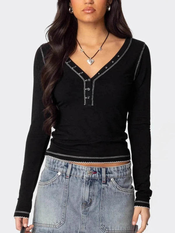 Contrasting Needlework Long Sleeve