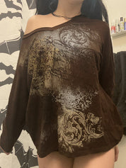 Retro Print V-Neck Oversized Long Sleeve