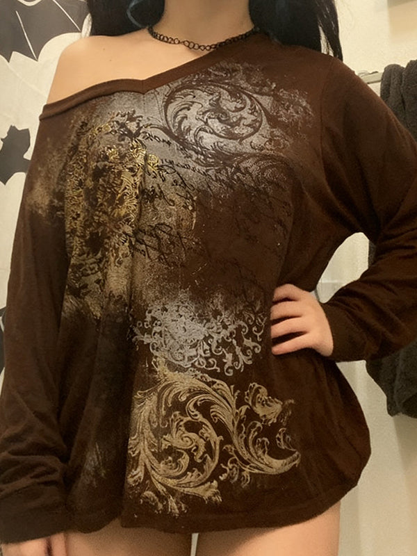Retro Print V-Neck Oversized Long Sleeve