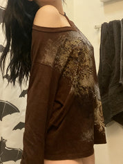 Retro Print V-Neck Oversized Long Sleeve