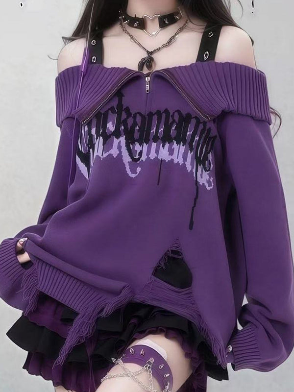 Punk Off-The-Shoulder Collar Sweaters