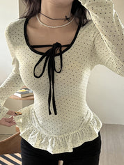 Polka Dot Lace-Up Long Sleeve