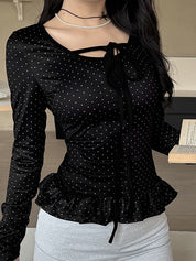 Polka Dot Lace-Up Long Sleeve
