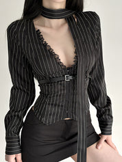 V-Neck Lace Patchwork Long Sleeves