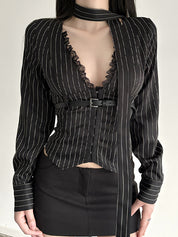 V-Neck Lace Patchwork Long Sleeves