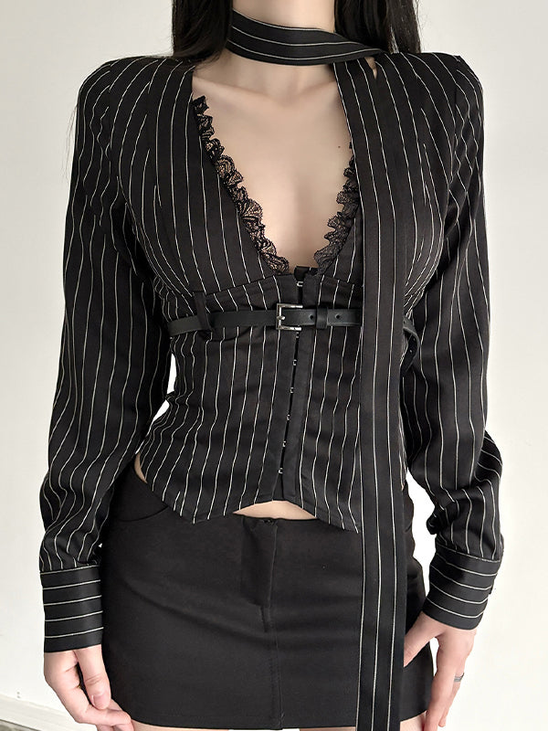 V-Neck Lace Patchwork Long Sleeves