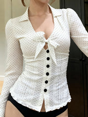 Bow-Print Button-Down Collar Long Sleeve