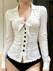Bow-Print Button-Down Collar Long Sleeve