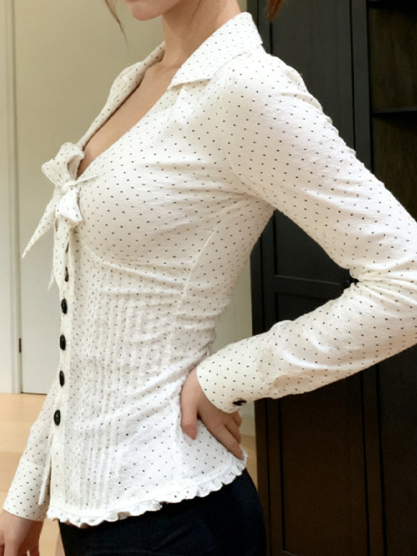 Bow-Print Button-Down Collar Long Sleeve