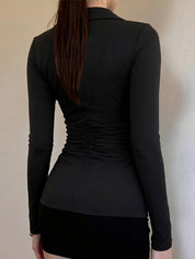 Cross-Pleated V-Neck Long Sleeve