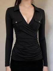 Cross-Pleated V-Neck Long Sleeve