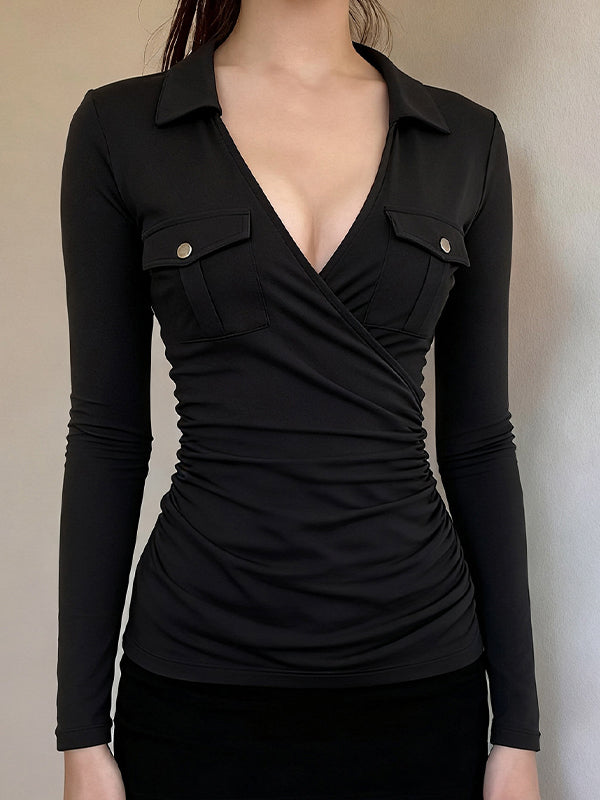 Cross-Pleated V-Neck Long Sleeve