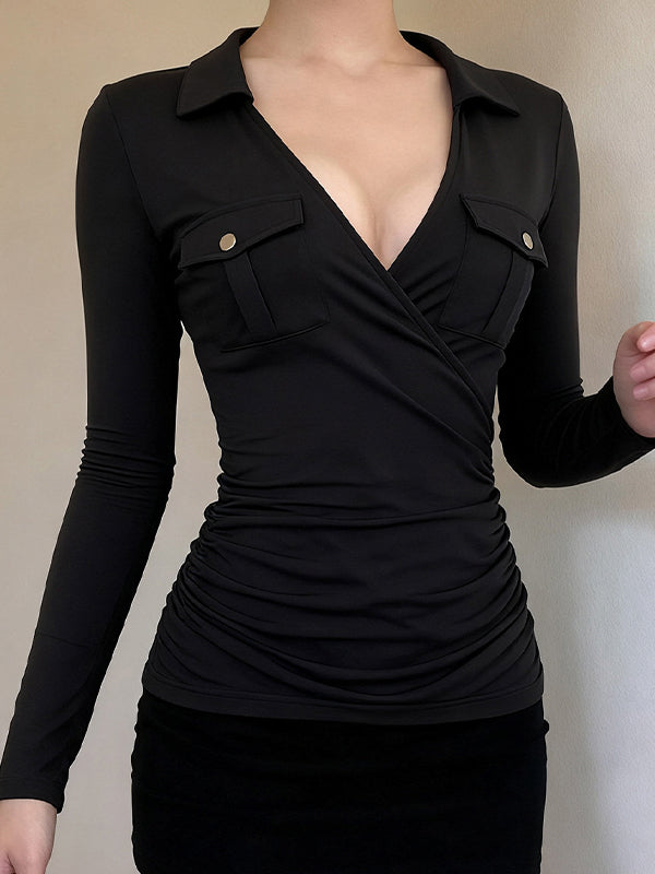 Cross-Pleated V-Neck Long Sleeve