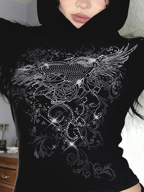 Y2K Retro Dark Hooded Long Sleeve Long Sleeve