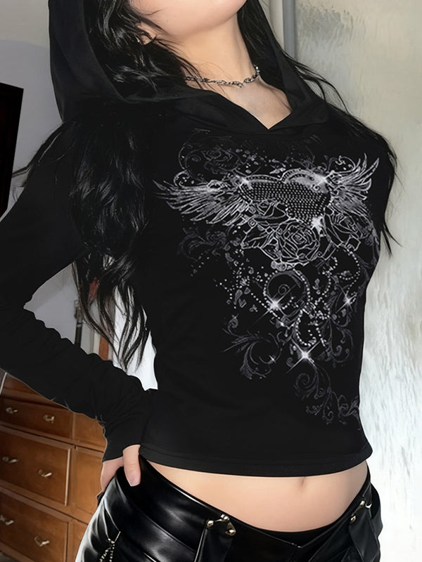 Y2K Retro Dark Hooded Long Sleeve Long Sleeve