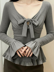 Bow And Ruffle Casual Long Sleeve