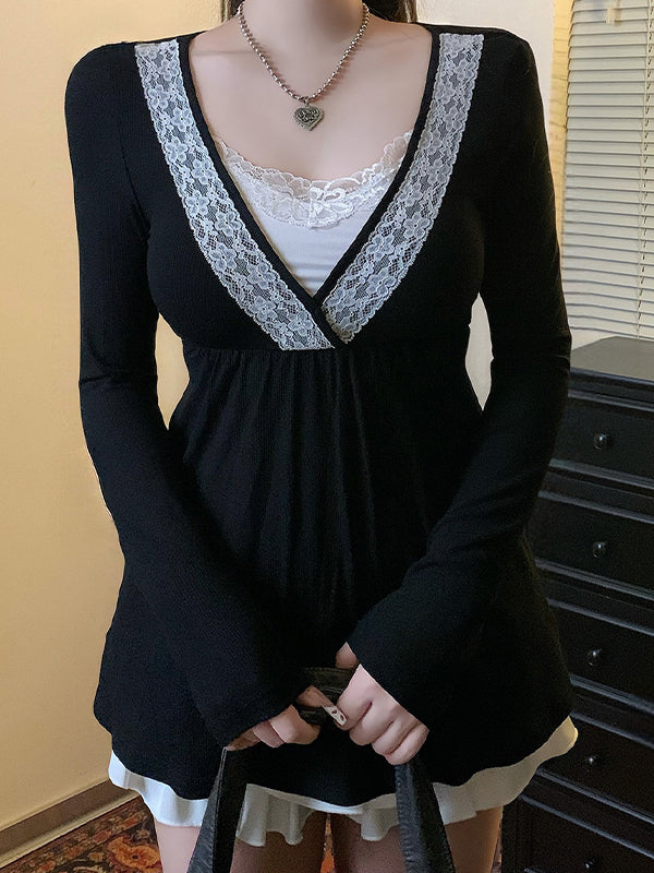 Lace Trimmed V-Neck Long Sleeve