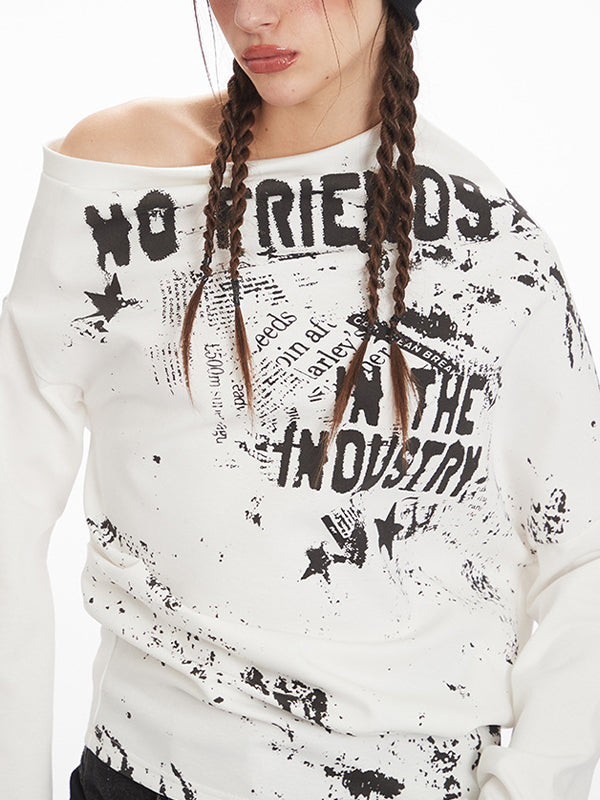 Retro Print Off-The-Shoulder Long Sleeve