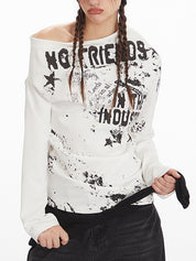 Retro Print Off-The-Shoulder Long Sleeve