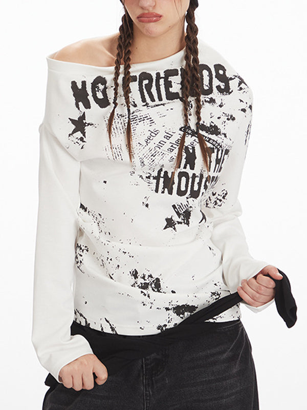 Retro Print Off-The-Shoulder Long Sleeve