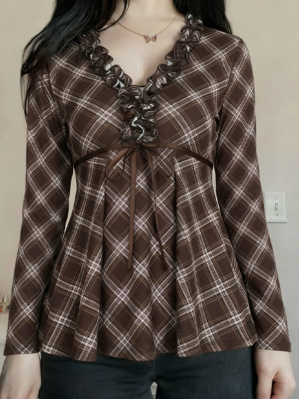 Checkered Ruffled Long Sleeve
