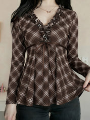 Checkered Ruffled Long Sleeve