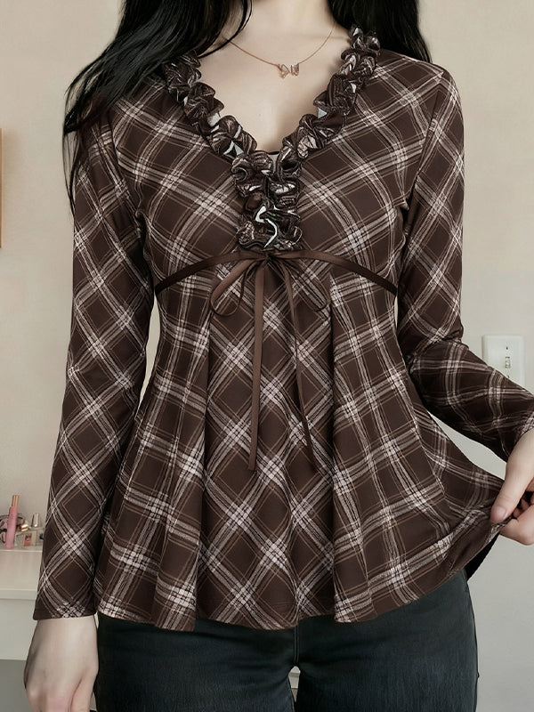 Checkered Ruffled Long Sleeve