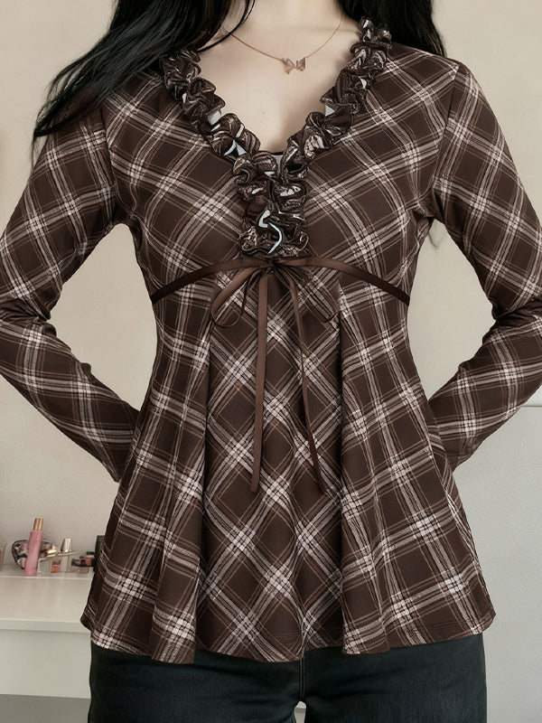 Checkered Ruffled Long Sleeve