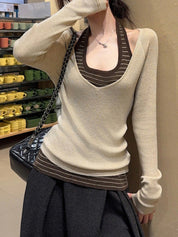 Layered V-Neck Halter Top Long Sleeve
