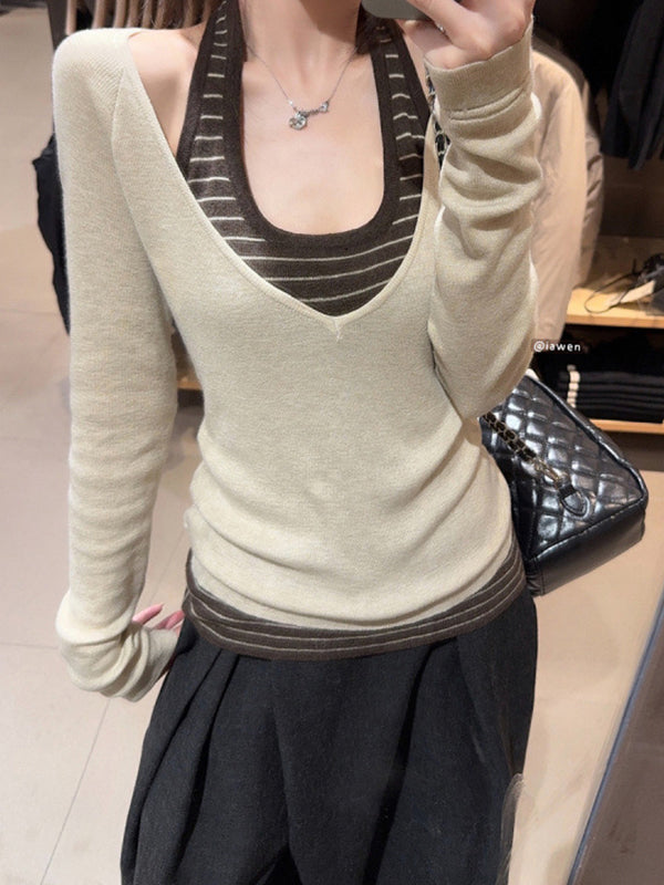 Layered V-Neck Halter Top Long Sleeve
