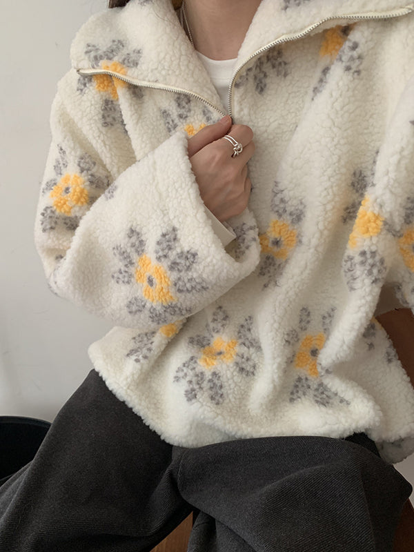 Lamb Wool Flower Half-Zip Sweatshirts