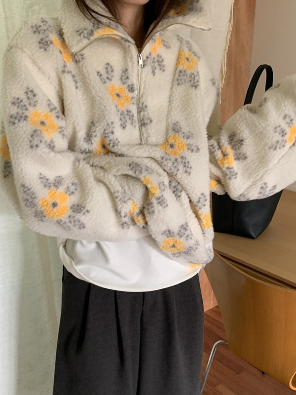 Lamb Wool Flower Half-Zip Sweatshirts