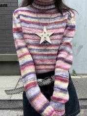 Rainbow High-Neck Stripe Sweaters