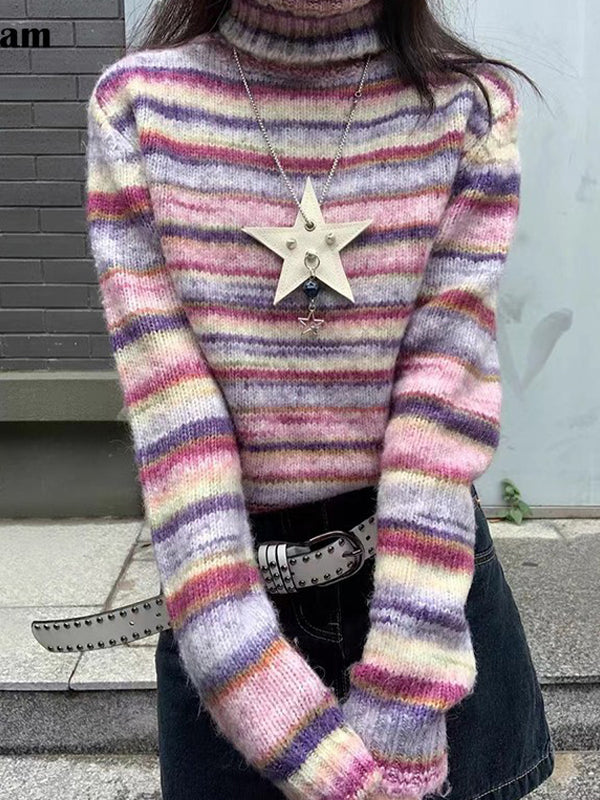 Rainbow High-Neck Stripe Sweaters