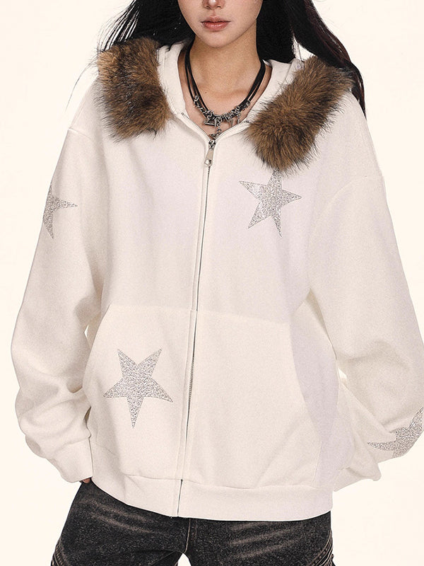 Retro Fur Collar Stars Sweatshirts