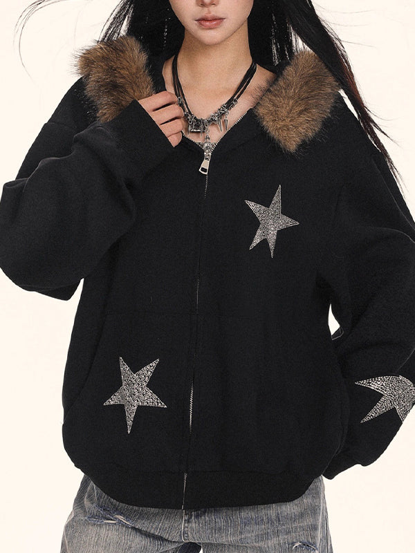 Retro Fur Collar Stars Sweatshirts