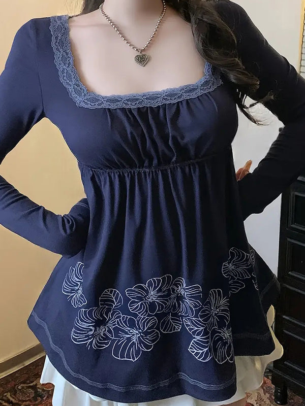 Retro Print Lace Splicing Long Sleeve